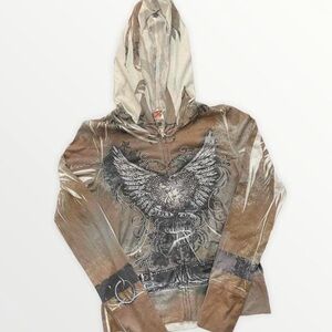 Embellished Eagle Zip-Up Hoodie Jacket - Brown/Cream